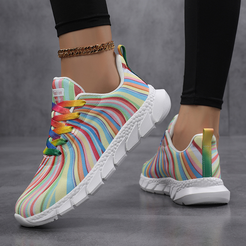 Women Rainbow Striped Sneakers - Knit Fabric Lace Up Sneakers recension och pris